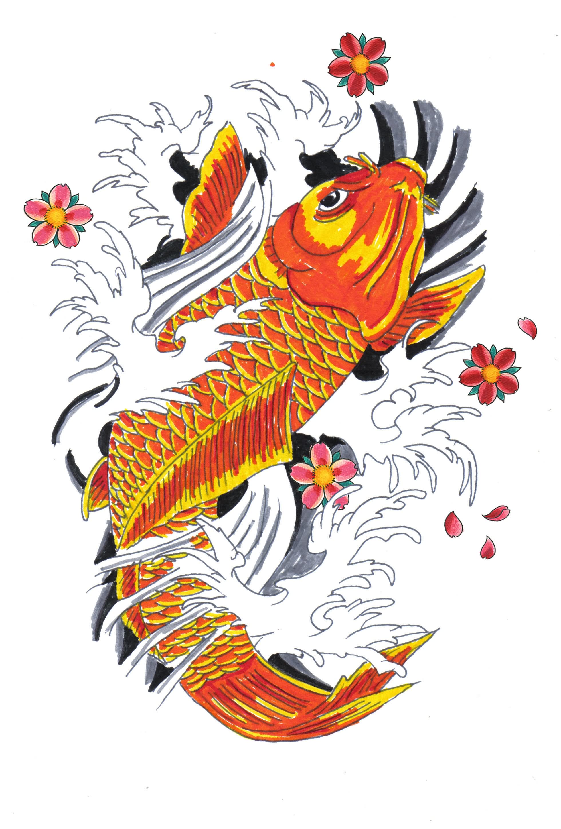 Orange And Yellow Carp Fish And Flowers Tattoo Design