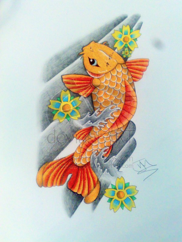 Orange Carp Fish With Flowers Tattoo Design