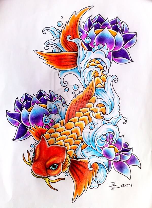 Orange Carp Fish With Lotus Tattoo Design