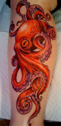Orange Ink Octopus Sleeve Tattoo