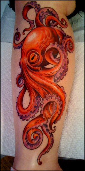Orange Octopus Tattoo On Leg