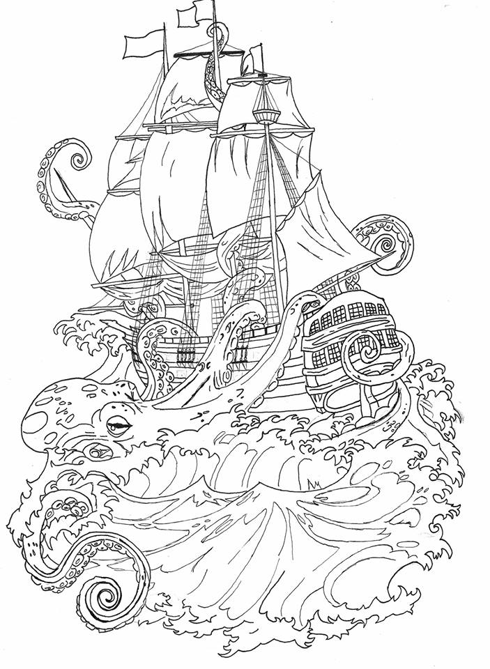 Outline Octopus Ship Tattoo Design by Jerrycola
