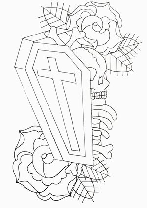Outline Rose Flowers And Coffin Tattoo Design