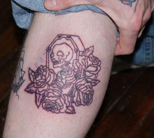 Outline Roses And Skeleton Coffin Tattoo by xxtattoojunkiexx