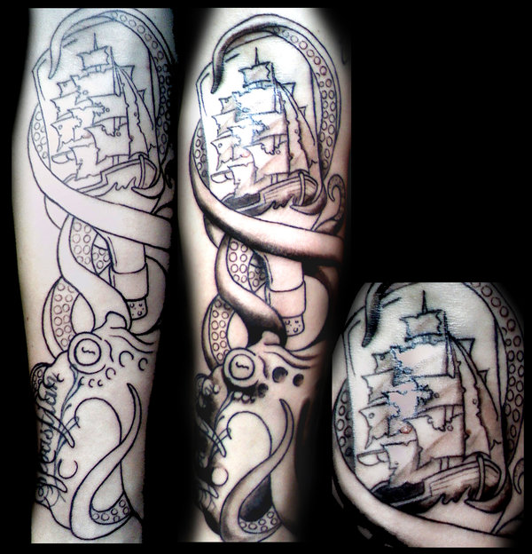 Outline Ship Tattoo Design Sample