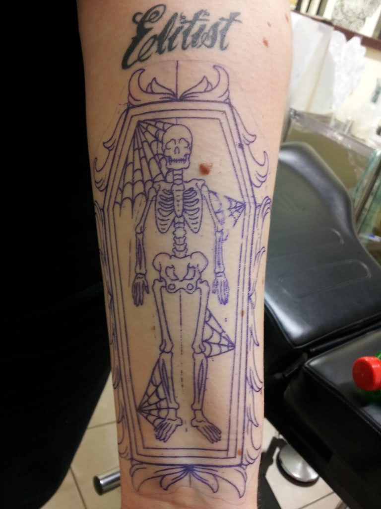 Outline Skeleton Coffin Tattoo Design For Forearm