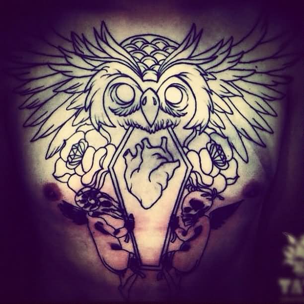 Owl Head And Heart Coffin Tattoo Design