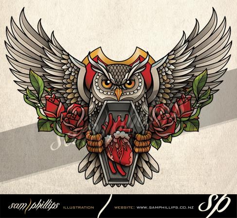 Owl With Heart New School Coffin Tattoo Design