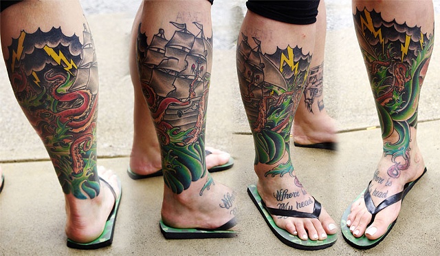 Pirate Ship And Kraken Tattoo On Leg
