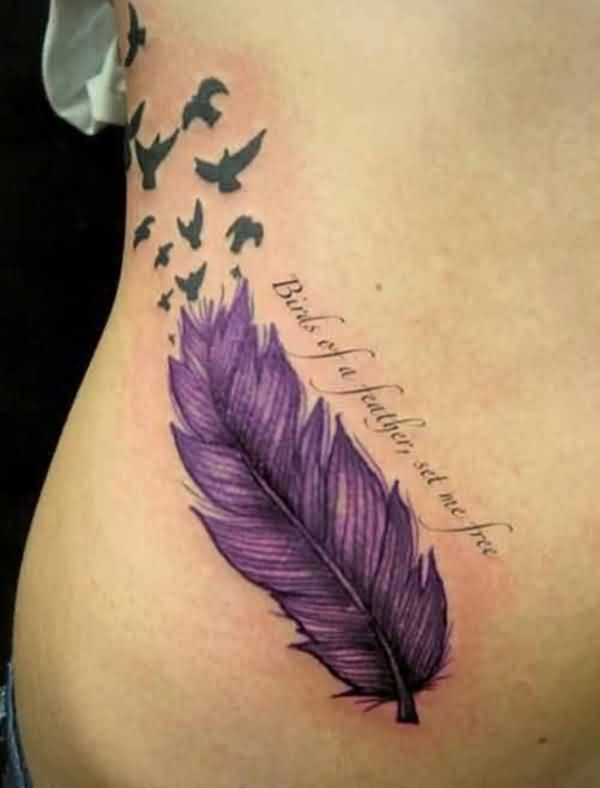 Purple Ink Feather With Flying Birds Tattoo On Side Belly
