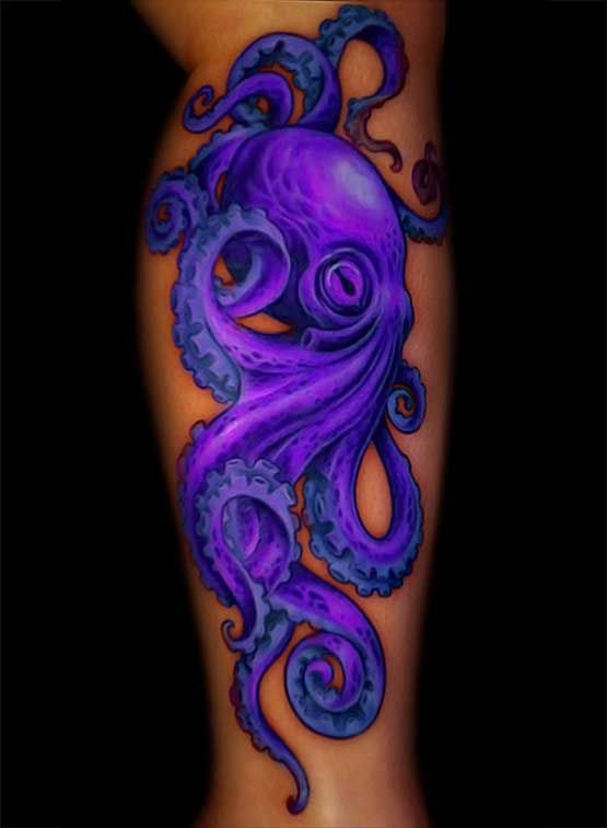 Purple Ink Octopus Tattoo On Thigh by Erika Kennedy