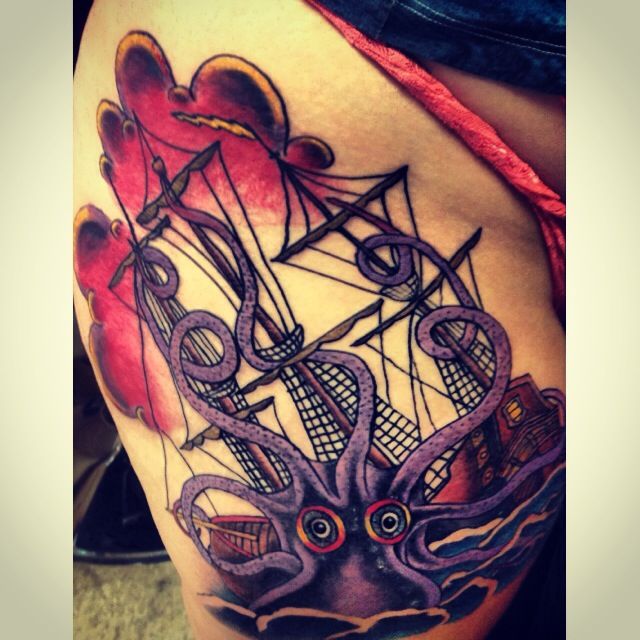 Purple Octopus And Ship Tattoo On Side Rib