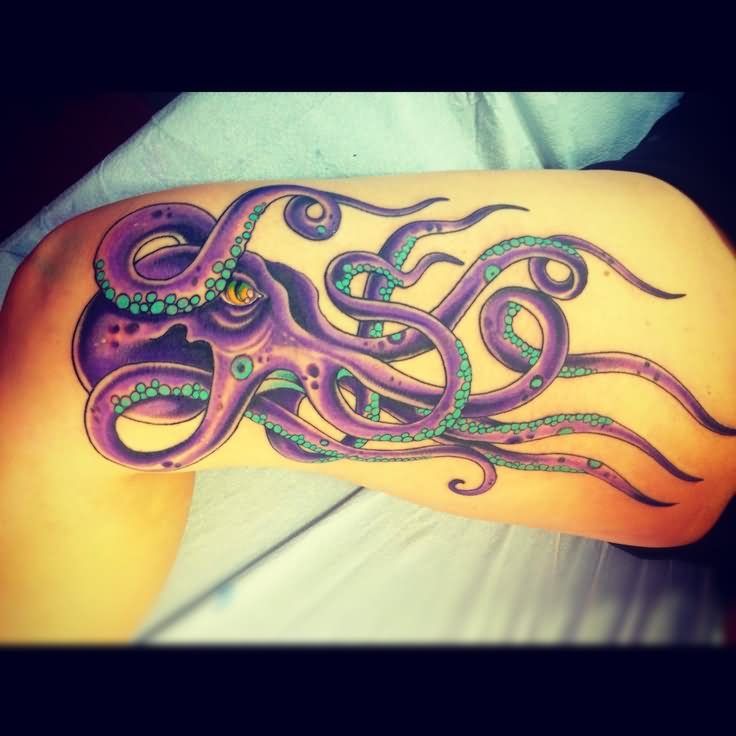 Purple Octopus Thigh Tattoo For Girls
