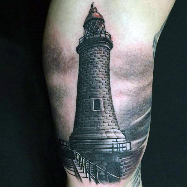 Realistic 3D Lighthouse Tattoo On Biceps
