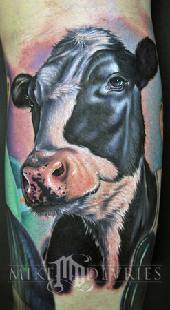 Realistic Cow Head Tattoo Design For Leg Calf