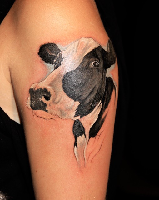 Realistic Cow Head Tattoo On Half Sleeve