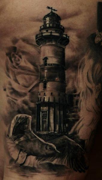 Realistic Flying Bird And Lighthouse Tattoo O Sleeve