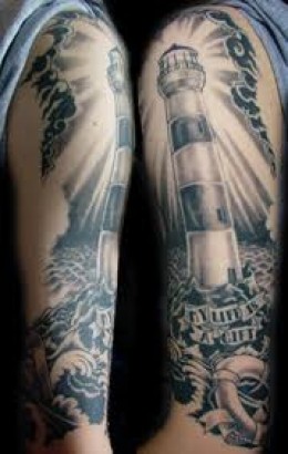 Realistic Grey Lighthouse Tattoo On Left Sleeve