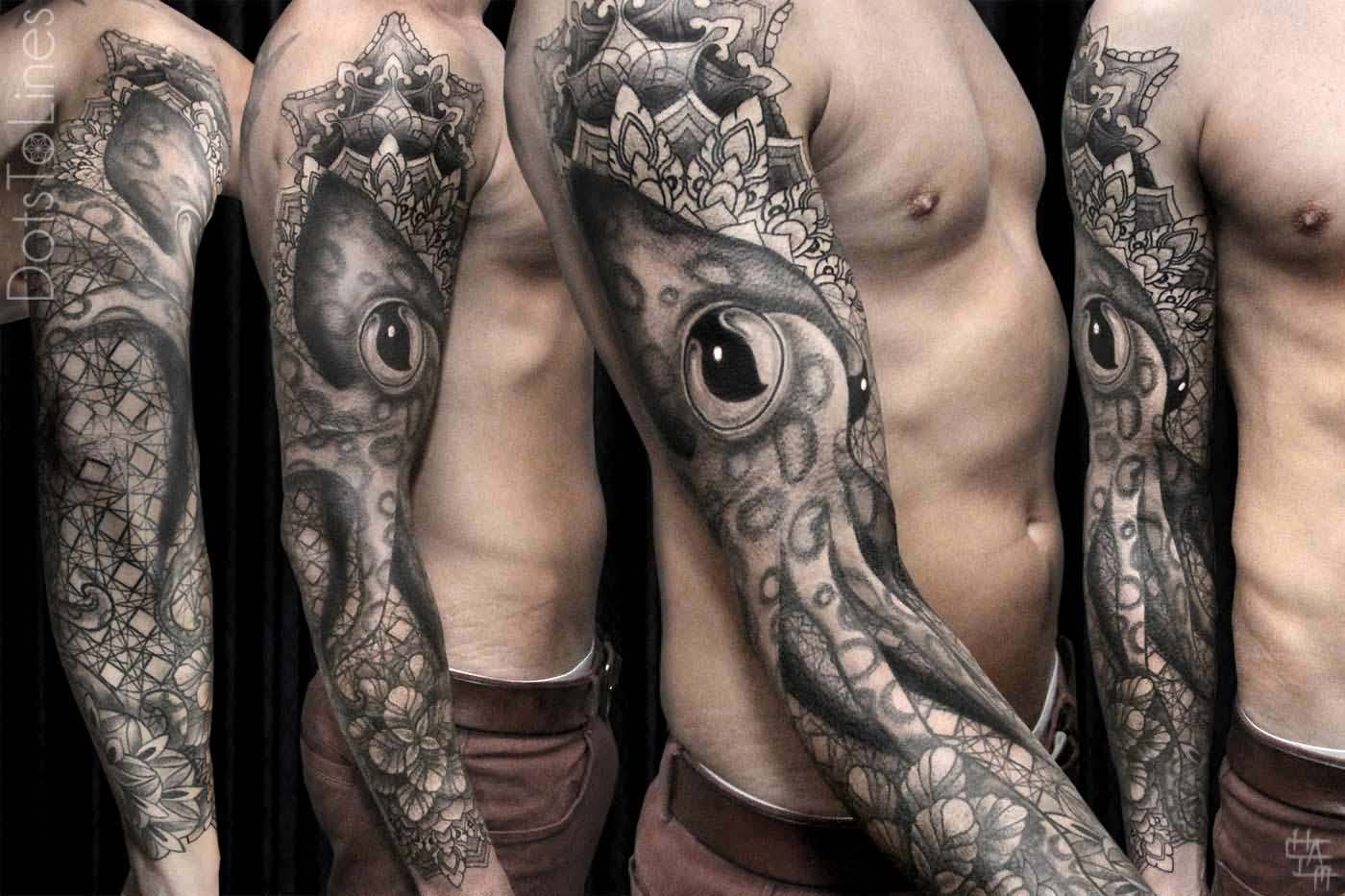 Realistic Grey Octopus Sleeve Tattoo by Chaim Machlev