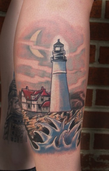 Realistic Lighthouse Tattoo On Leg Sleeve