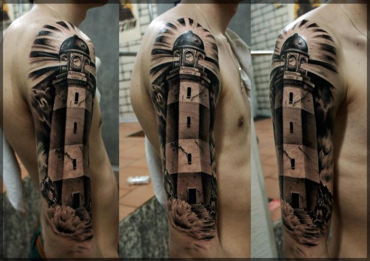 Realistic Lighthouse Tattoo On Man Right Half Sleeve by Pavel Roch