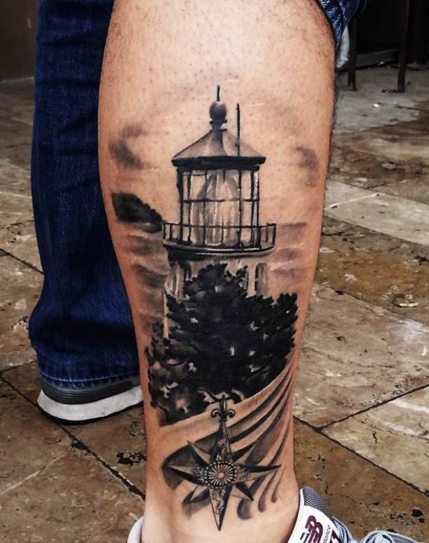 Realistic Lighthouse Tattoo On Right Leg