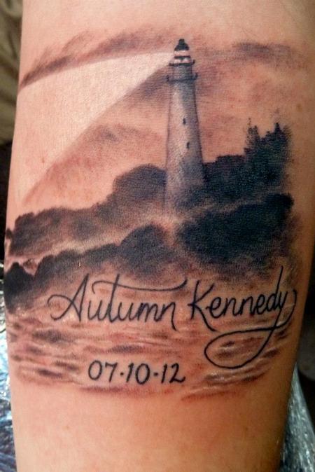 Realistic Memorial Lighthouse Tattoo by Autumn Kennedy