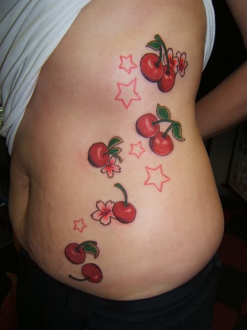 Red Cherries Tattoo Design For Side Belly