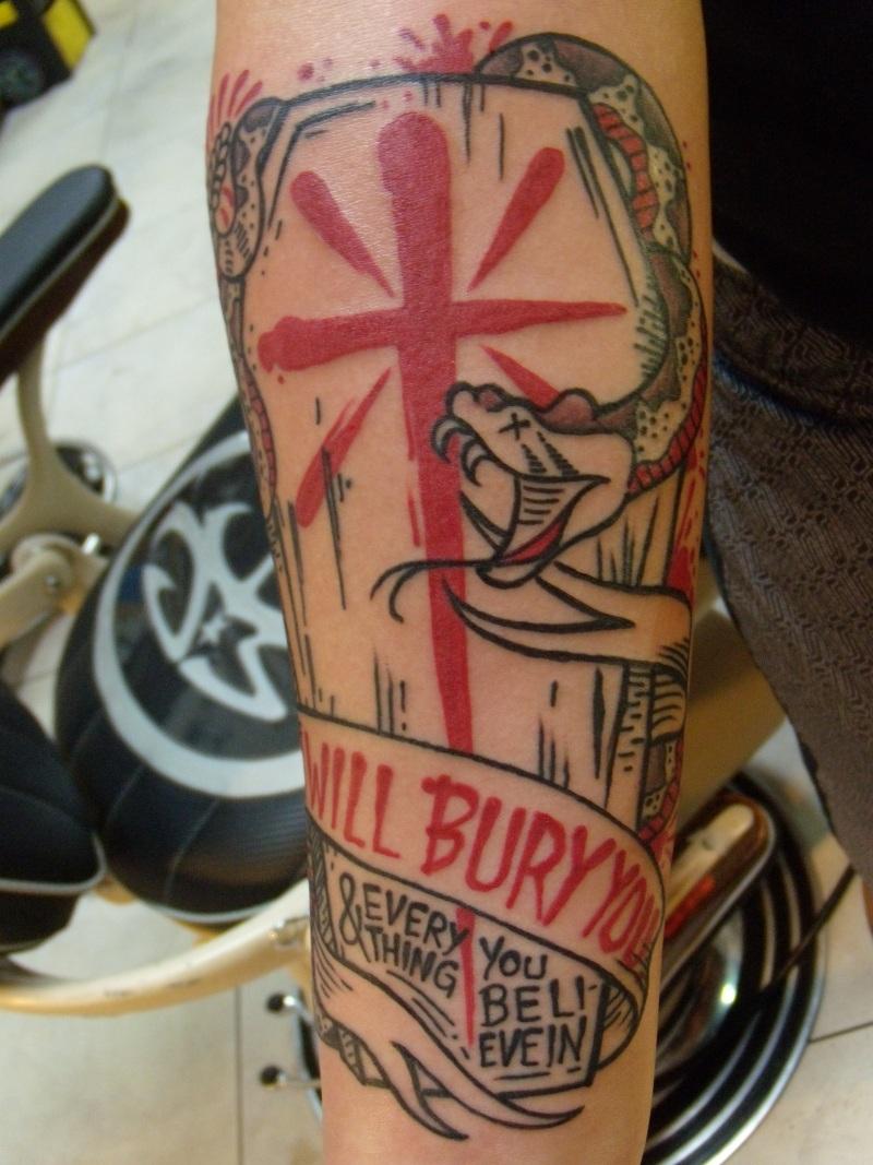 Red Cross And Banner Coffin Tattoo On Arm Sleeve