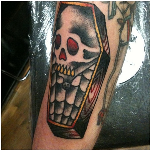 Red Eyes Skull Coffin Tattoo On Sleeve