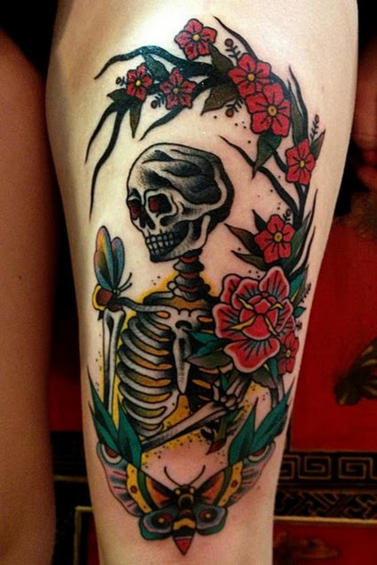 Red Flowers And Skeleton Coffin Tattoo On Leg