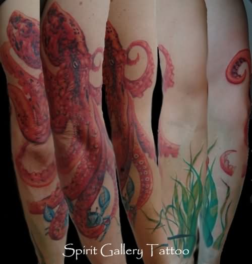 Red Ink Octopus Sleeve Tattoo