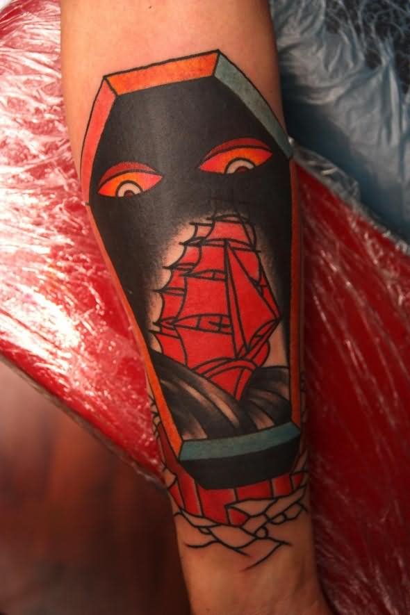 Red Ink Ship And Coffin Tattoo On Forearm