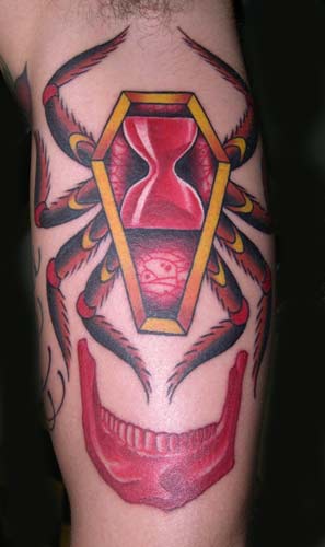 Red Ink Spider Coffin Tattoo On Sleeve