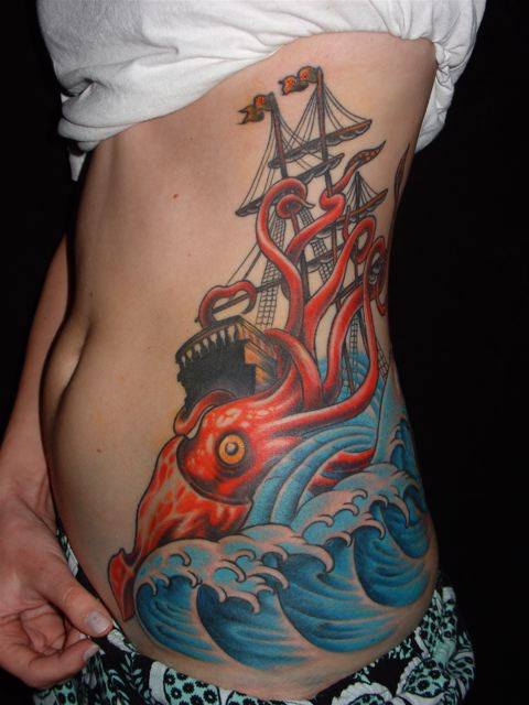 Red Kraken Attacking Ship Tattoo On Girl Side Rib