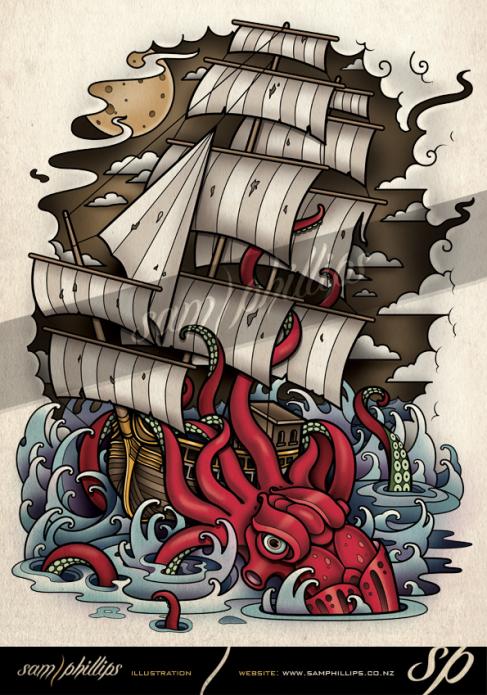 Red Kraken Attacting Ship Tattoo Design