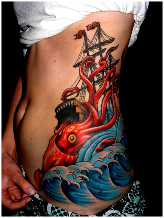 Red Kraken Attacting Ship Tattoo On Girl Side Rib