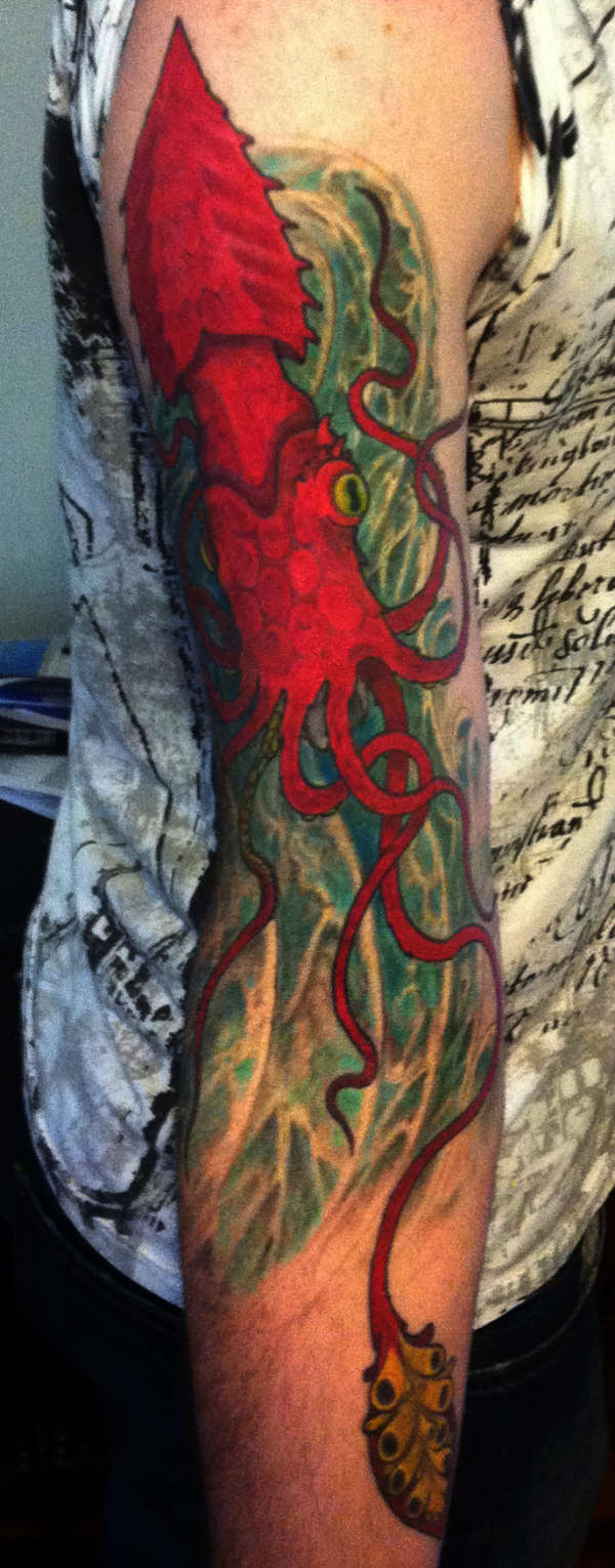 Red Kraken Tattoo On Right Full Sleeve