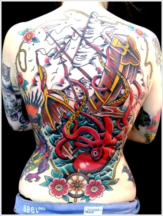 Red Octopus Sailing Ship Tattoo On Full Back