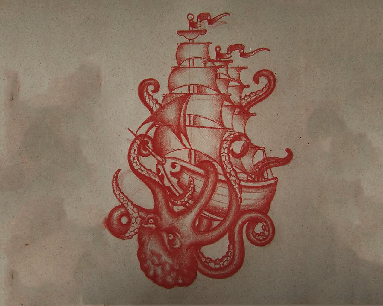 Red Octopus Ship Tattoo Design Idea