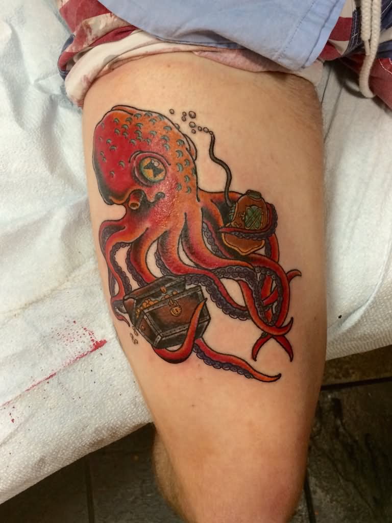 Red Octopus Thigh Tattoo
