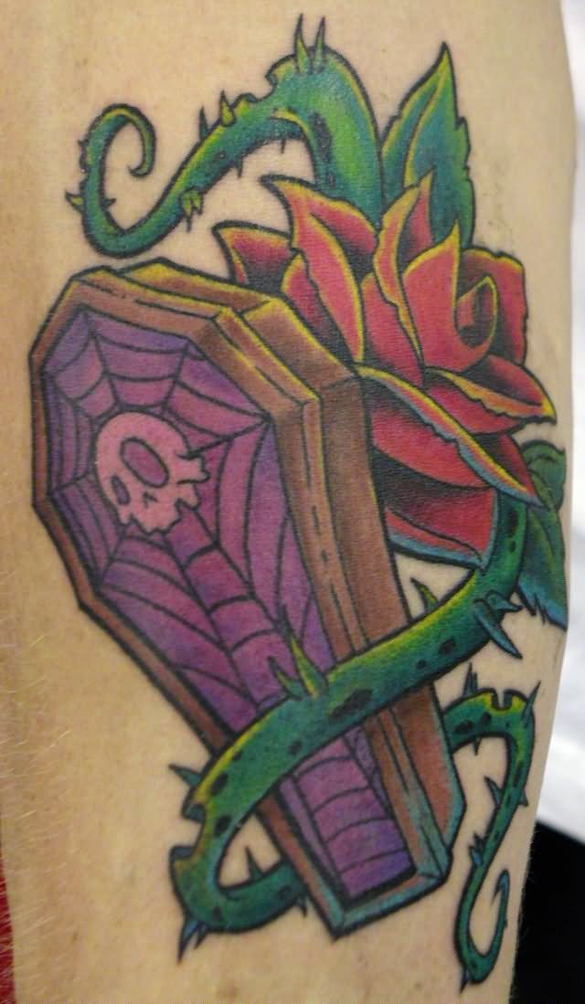 Red Rose And Coffin Tattoo On Arm