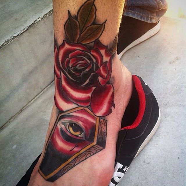 Red Rose And Coffin Tattoo On Left Foot