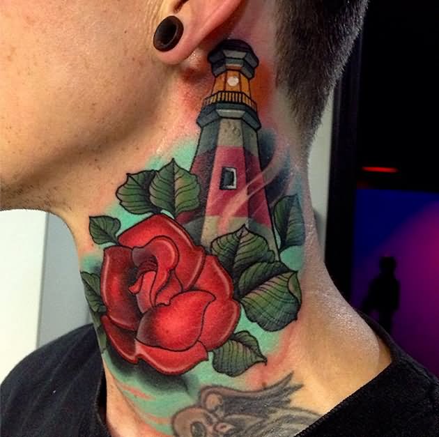 Red Rose And Lighthouse Tattoo On Side Neck by Timmy