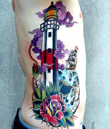 Red Rose And Lighthouse Tattoo On Side Rib