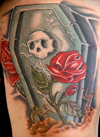 Red Rose And New School Coffin Tattoo