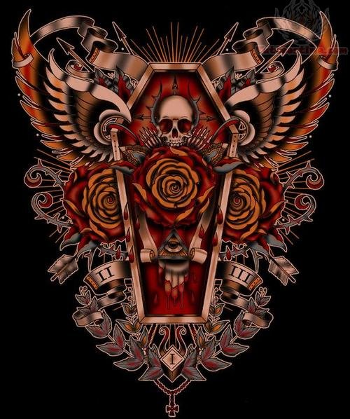 Red Rose And Skull Coffin Tattoo Design For Chest