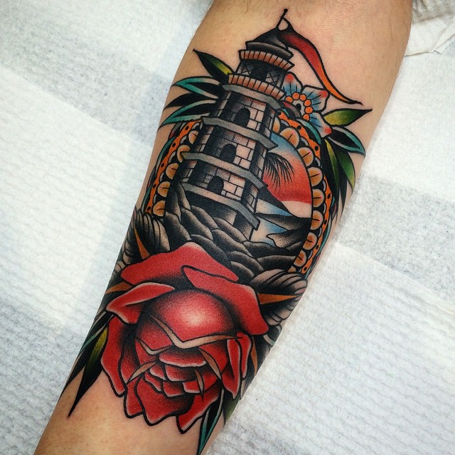 Red Rose Flower And Lighthouse Tattoo On Full Sleeve