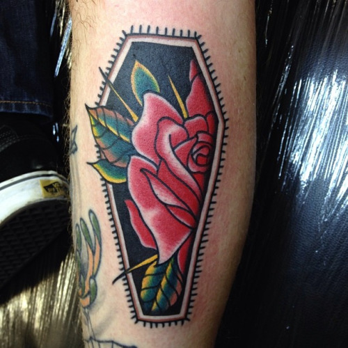 Red Rose Flower Coffin Tattoo On Leg