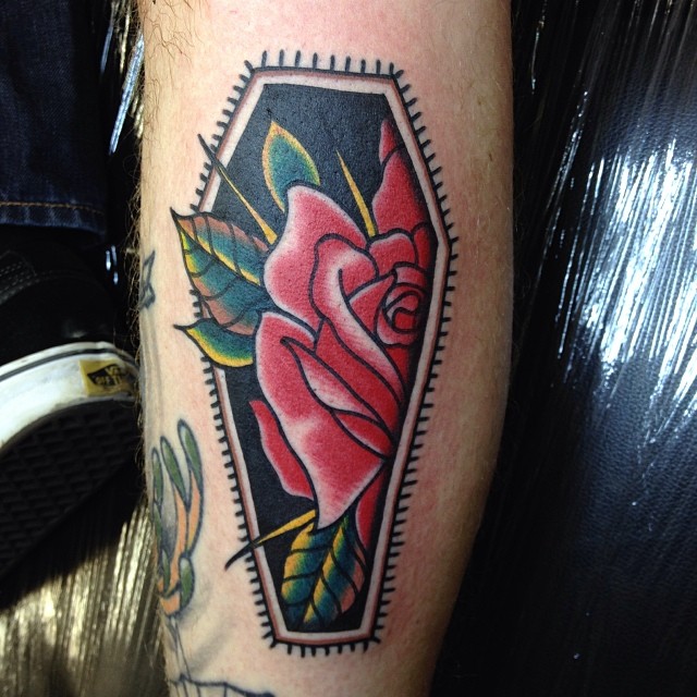 Red Rose Flower New School Coffin Tattoo